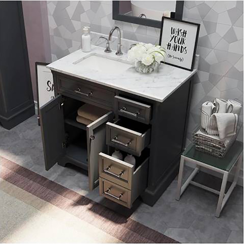 Marble Bathroom Wash Basin Vanity Cabinet Customized Black Wood